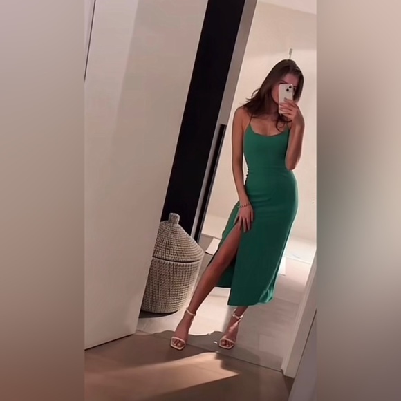ZARA Kelly Green Stretch Cross Back Slit Midi Dress $49.90 - Picture 3 of 7